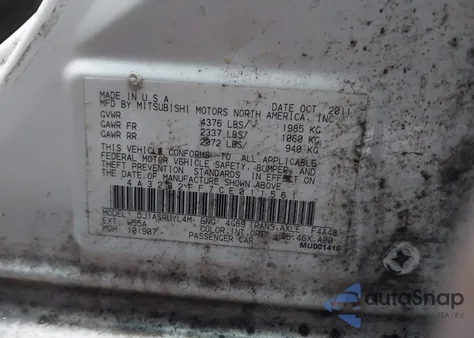 2012 Mitsubishi Galant Fe z USA, uszkodzony, nr VIN 4A32B2FF7CE011561